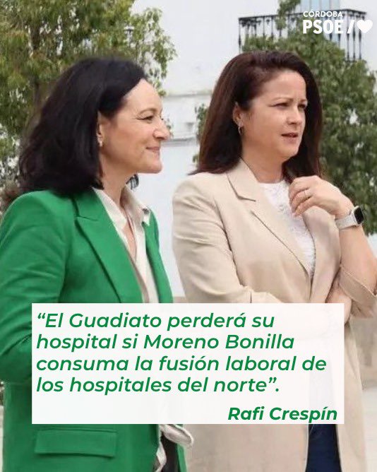 No vamos a permitir que Moreno Bonilla desmantele nuestra sanidad. La fusión de los hospitales del Norte es un "tajazo" a nuestros derechos y al futuro del Guadiato. 🏥❌

Defendamos una sanidad pública digna y sin recortes en nuestra tierra. 🌹💪

goo.su/fmRRima