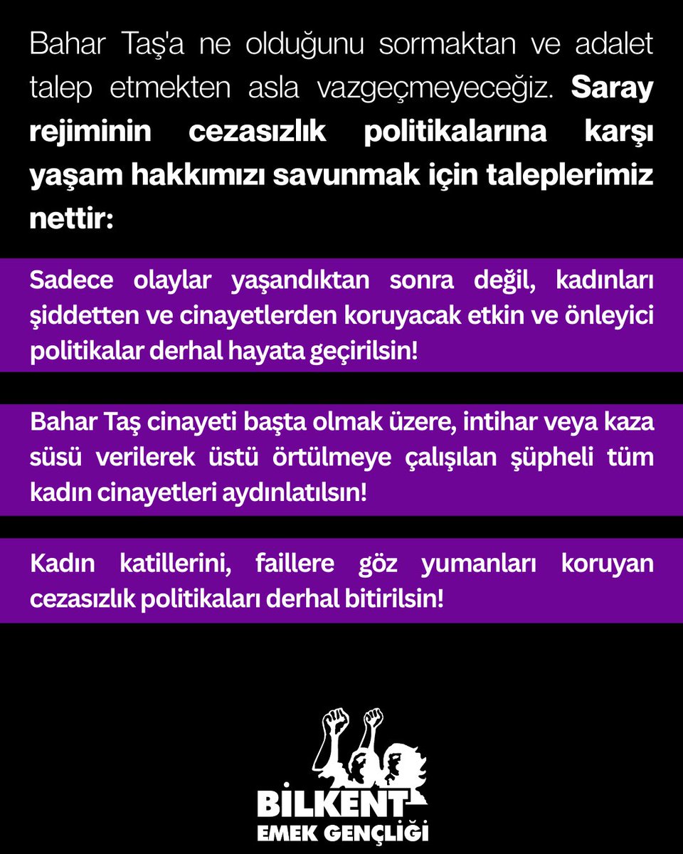 Bahar Taş cinayeti başta olmak üzere, intihar veya kaza süsü verilerek üstü örtülmeye çalışılan şüpheli tüm kadın cinayetleri aydınlatılsın!