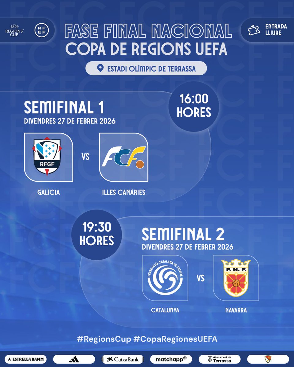 ⚽️ 𝐔𝐧𝐚 𝐬𝐞𝐭𝐦𝐚𝐧𝐚 𝐩𝐞𝐫 𝐚 𝐥𝐚 𝐅𝐚𝐬𝐞 𝐅𝐢𝐧𝐚𝐥 𝐍𝐚𝐜𝐢𝐨𝐧𝐚𝐥 𝐝𝐞 𝐥𝐚 𝐂𝐨𝐩𝐚 𝐝𝐞 𝐑𝐞𝐠𝐢𝐨𝐧𝐬 𝐔𝐄𝐅𝐀

📅 Divendres 27 de febrer, semifinals
⏰ 16.00h
⚔️ <a href="/futgal/">RFGF</a>🆚 <a href="/fedfutcanarias/">Federación Canaria de Fútbol</a> 
⏰ 19.30h
⚔️ #CATUEFA🆚 <a href="/fedfutnavarra/">Federación Navarra de Fútbol</a> 

📅 Diumenge 1 de març, la final
⏰