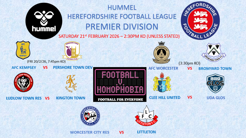 HerefordshireFL's tweet photo. Saturday 21st February Fixtures in the @hummelUK HFL Premier Division๐๐
#Step7 #grassroots #grassrootsfootball #Herefordshire #SupportLocal #FvHtweets #FvH2026 https://t.co/I09nVHPX7i