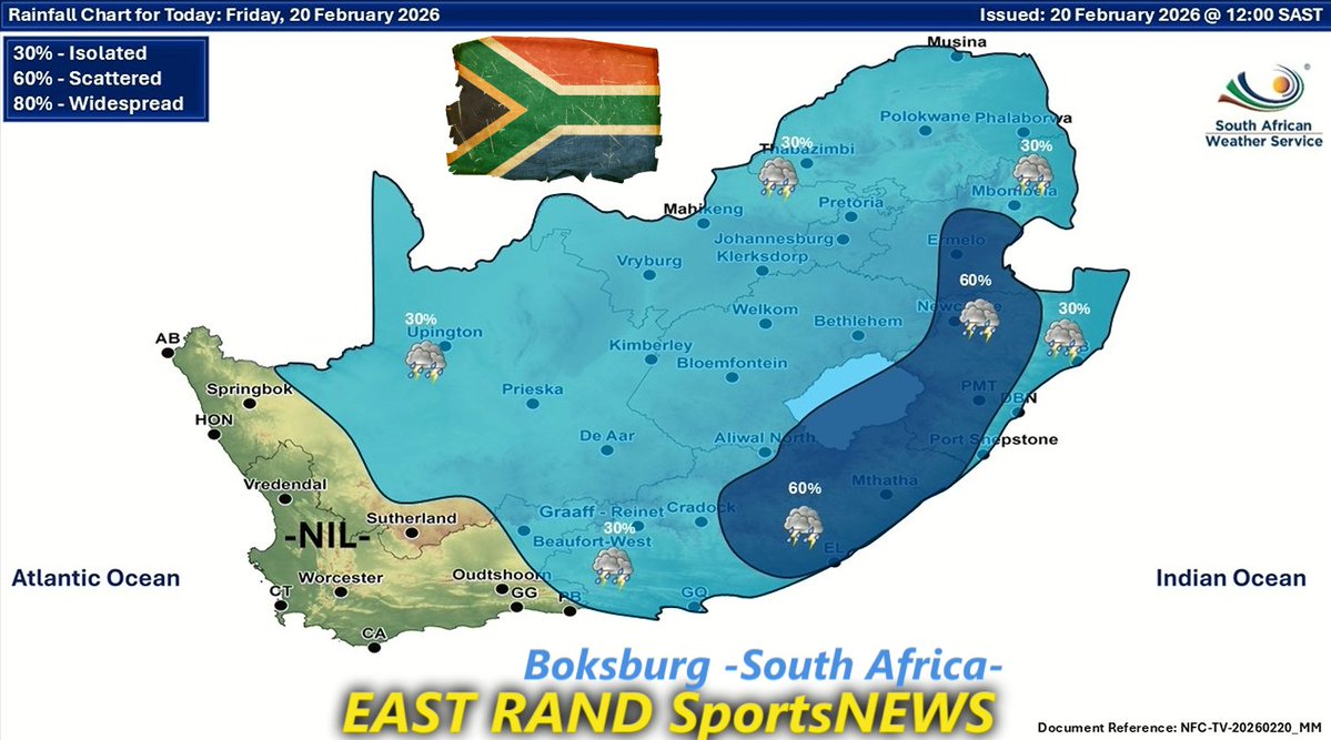 cbdoilRSA's tweet image. Weather forecast for today and tomorrow, 20-21 February 2026:
Partly cloudy and warm to hot with isolated to scattered showers and thundershowers⚠️ Severe Thunderstorms
#saws #SAWeather #weatheroutlook

EAST RAND Sports NEWS 
Boksburg -South Africa-
#Eastrand #CrimeWatch