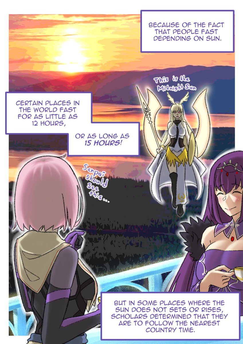 Day 2.1 Mashu Ramadhan

Mashu learns of the fasting time and how about the region where there are the midnight sun!
#FGO