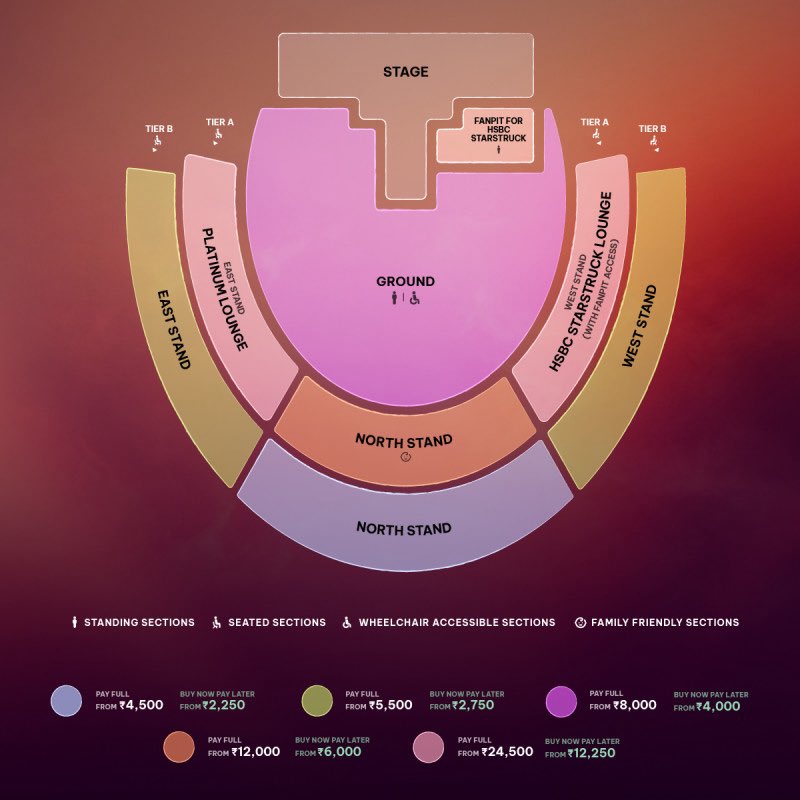 SHAKIRA IN INDIA — TICKET PRICES 🚨🇮🇳

Mumbai
• General Access — 4,000 INR ($44)
• VIP — 12,500 INR ($137)
• Fan Pit &amp; Platinum Lounge — 24,500 INR ($269)

New Delhi
• North Stand — 4,500 INR ($49)
• West &amp; East Stand — 5,500 INR ($60)
• Ground — 8,000 INR ($88)
• Premium