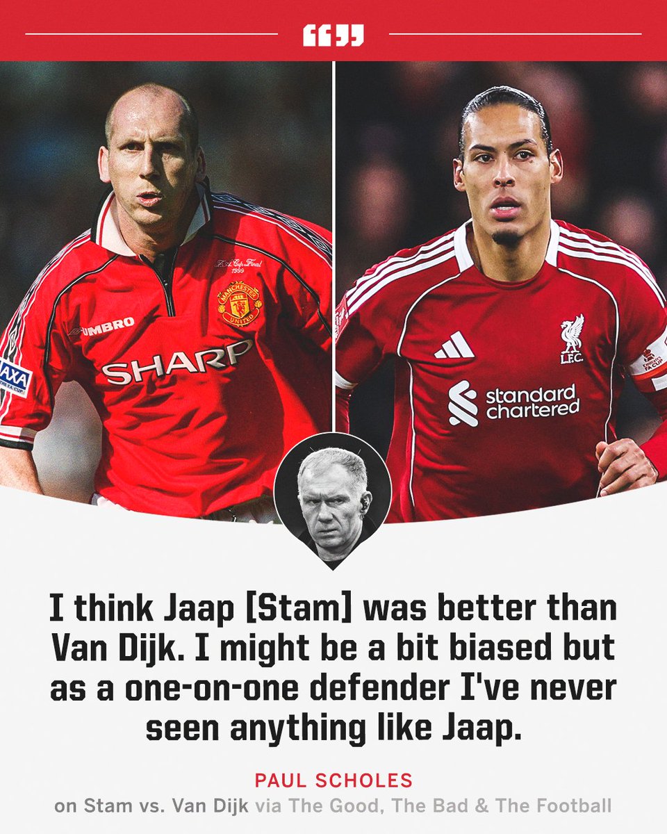 ESPNUK's tweet photo. Paul Scholes chooses former teammate Jaap Stam over Virgil van Dijk 👀 https://t.co/5Ec1bXewVD