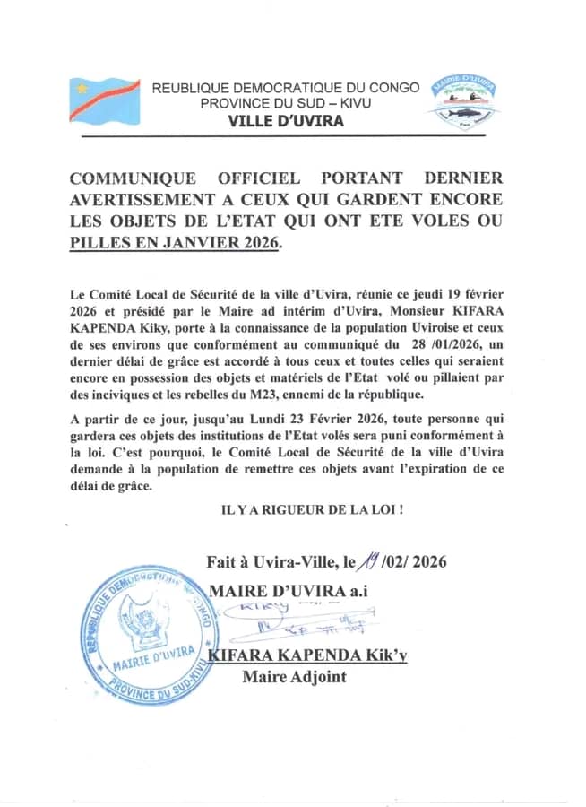 Rdcongo🇨🇩___: les détenteurs des biens de l'État volé à Uvira, lors du retrait de la coalition politico-armée AFC M23, sont appelés à remettre dans un bref délai, d'après le communiqué du Comité Local de Sécurité, signé par le maire par intérim de la ville d'Uvira.

« A partir de