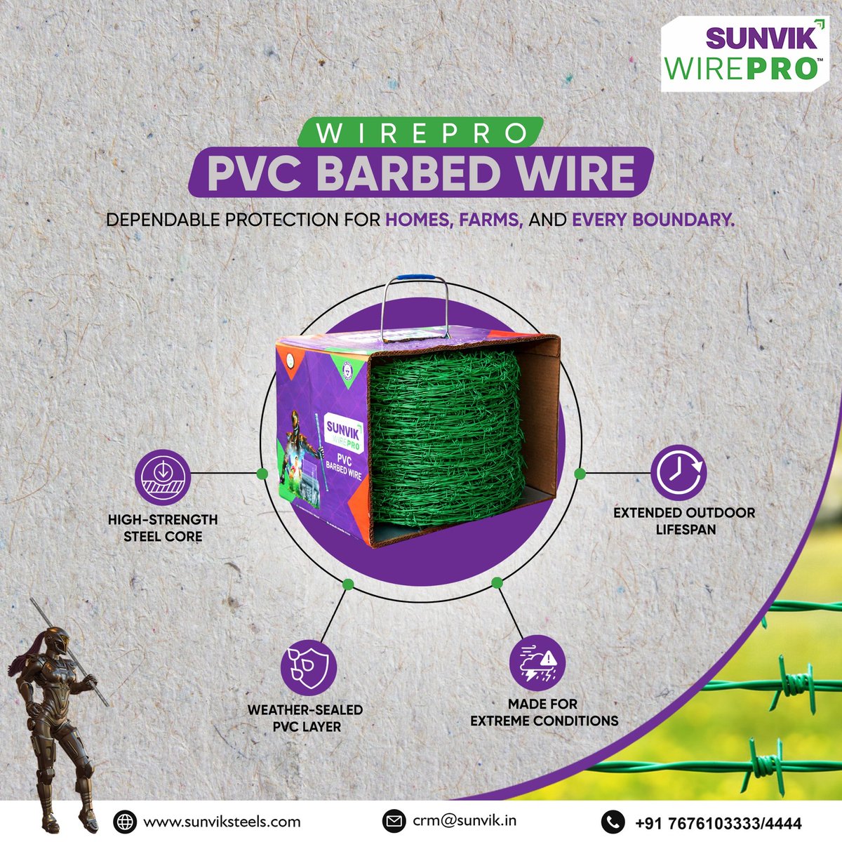 Sunvik_Steels's tweet image. Stronger Core. Longer Life. 

WirePro: PVC Barbed Wire delivers dependable security with extended outdoor lifespan &amp;amp; all-weather durability.

Because every boundary deserves the best defense.

#sunviksteels #wirepro #barbedwire #FencingSolutions #innerstrengthmatters