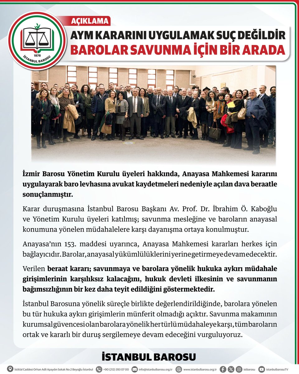 AYM KARARINI UYGULAMAK SUÇ DEĞİLDİR: BAROLAR SAVUNMA İÇİN BİR ARADA

İzmir Barosu Yönetim Kurulu üyeleri hakkında, Anayasa Mahkemesi kararını uygulayarak Baro Levhasına avukat kaydetmeleri nedeniyle açılan dava beraatle sonuçlanmıştır.

Karar duruşmasına İstanbul Barosu Başkanı