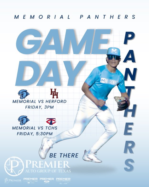 Memorial Panthers Varsity Baseball team are back on the field today with games at 3 and 5:30. Good Luck Panthers!