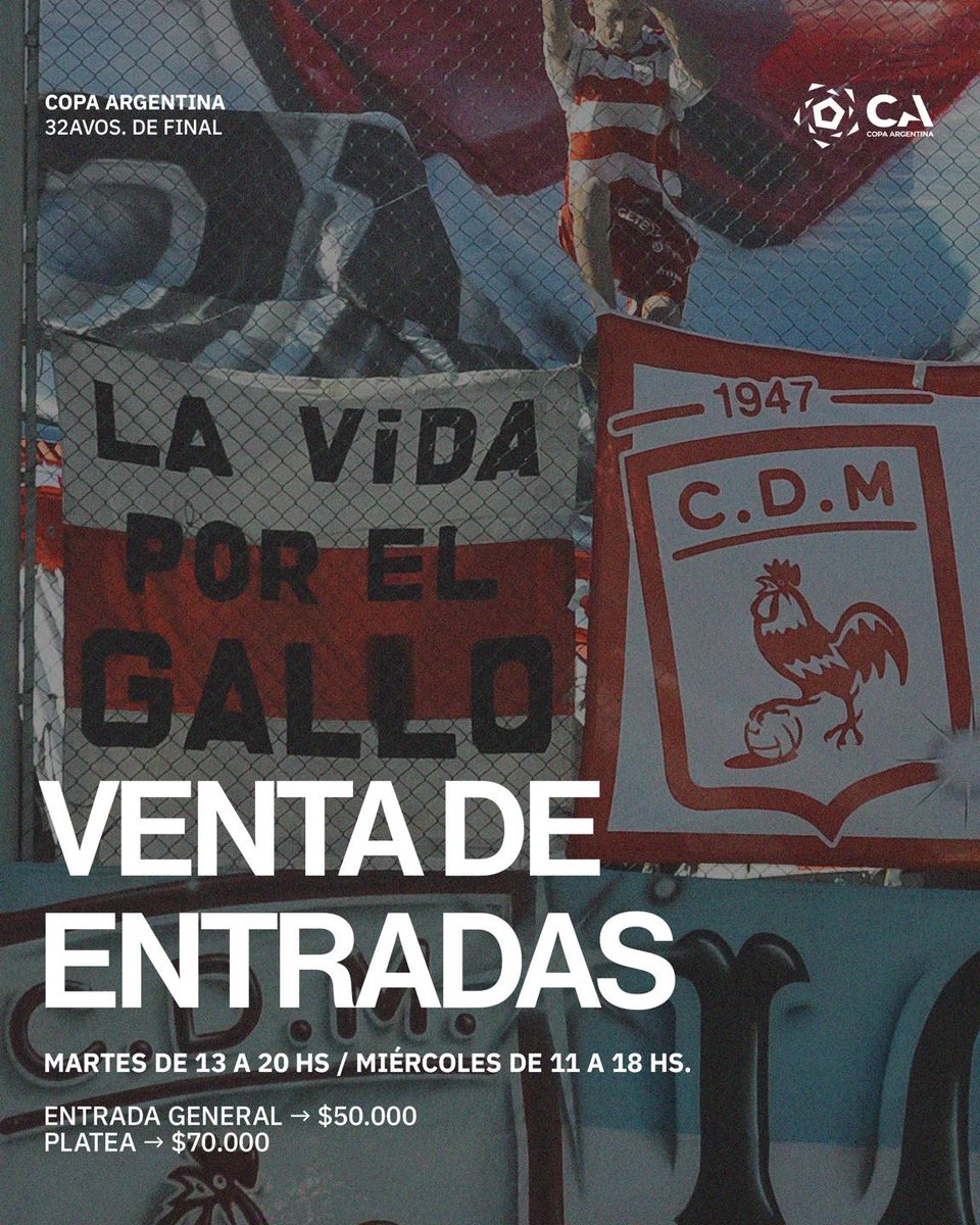 RecibimientoCdm's tweet photo. 🎫 VENTA DE ENTRADAS – COPA ARGENTINA

📌 Venta presencial en boleterías del Estadio Nuevo Francisco Urbano:
• Martes: 13 a 20 hs.
• Miércoles: 11 a 18 hs.

‼️ SOLO EN EFECTIVO

#SomosElOeste🐓 https://t.co/WhTYmMh1I8