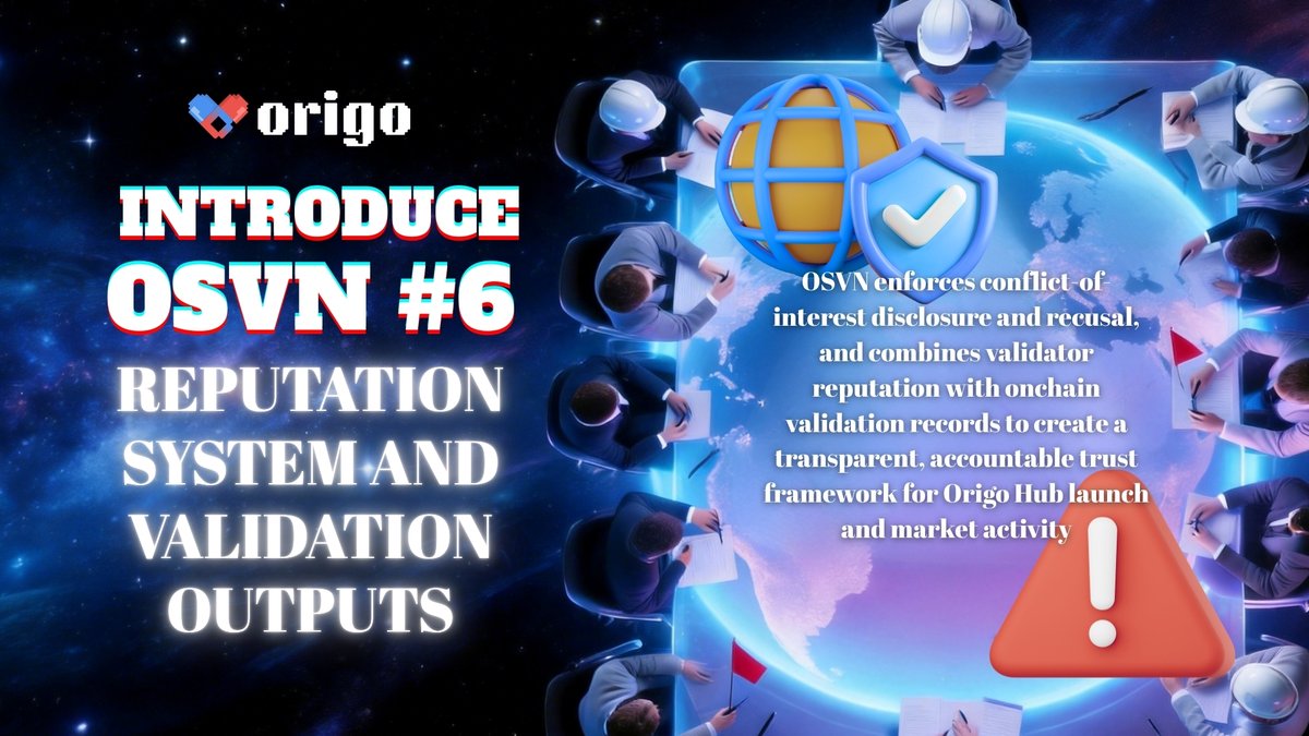 Origobase's tweet photo. To safeguard independence and long-term credibility, #OSVN operates with clear structural guardrails:

1⃣ Mandatory disclosure and recusal
Validators with material affiliations must abstain from related evaluations to protect signal integrity

2⃣ Reputation-based accountability
Each validator's history of judgments is recorded and assessed over time to allow credibility to be earned through consistency

3⃣ Transparent validation records
Onchain outputs and reputation data together create a referenceable credibility framework

This structure strengthens disciplined issuance within #OrigoHub and upholds integrity across broader market activity 🧑‍💻🧑‍🔬