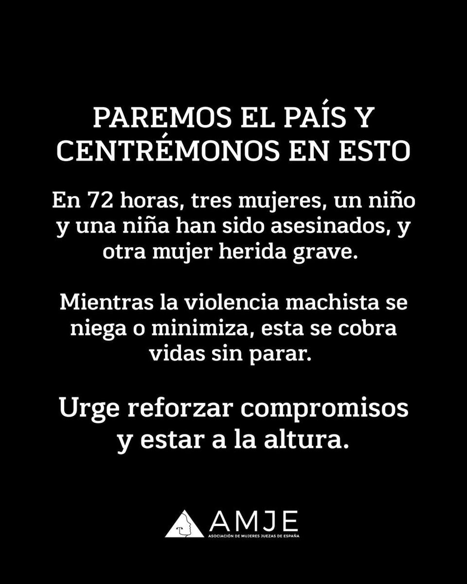 No hay nada más urgente en este país que frenar la #ViolenciaMachista que asesina cada día a las mujeres por el mero hecho de ser mujeres y a sus hijos e hijas. 

Salgamos a la calle y alcemos la voz exigiendo contundencia y protección efectiva. Las instituciones deben centrar