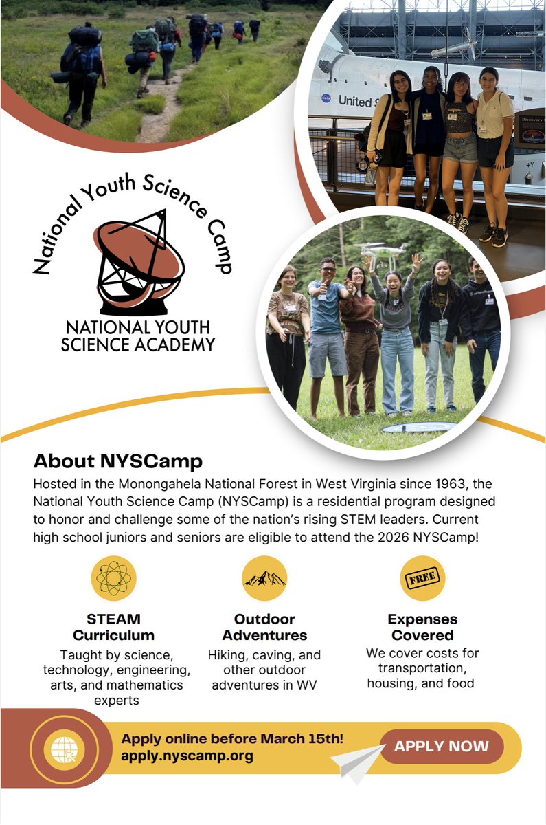 📣 Atención estudiantes panameños (16–18 años).

La Embajada de EE.UU. En Panamá busca estudiantes para asistir al National Youth Science Camp en Estados Unidos. 

🇺🇸🔬 Una experiencia única al aire libre para conocer a otros jóvenes apasionados por la ciencia y desarrollar