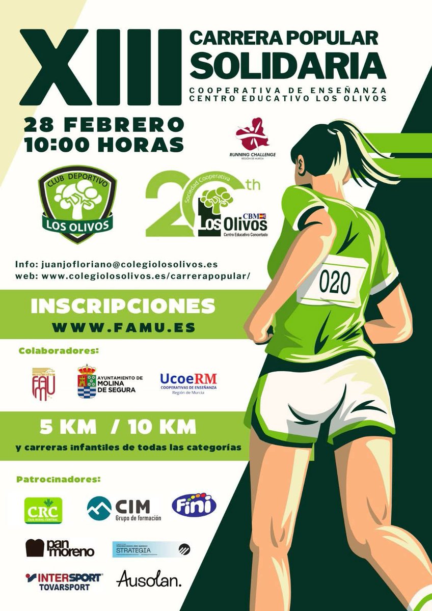 🏃🏽‍➡️ 🏃🏽‍♀️‍➡️ La XIII Carrera Popular Solidaria <a href="/ColeLosOlivos/">Los Olivos Centro Educativo</a> se celebra el sábado 28 de febrero en las distancias 5K y 10K.

ℹ️ <a href="/DEPORTEYSALUD4/">Deporte & Salud Molina de Segura</a> colabora un año más en esta actividad, cuya recaudación irá destinada a la Asociación <a href="/MiPrincesaRett/">MiPrincesaRett</a>.

portal.molinadesegura.es/la-xiii-carrer…