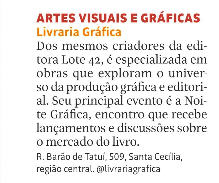 O <a href="/guia_folha/">Guia Folha</a> de hoje destaca as livrarias de São Paulo. A <a href="/bancatatui/">Banca Tatuí</a> e a <a href="/livrariagrafica/">livrariagrafica</a> estão entre os destaques 👯‍♂️