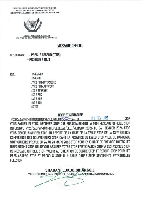 Rdcongo🇨🇩___: la conférence des gouverneurs prévue le 24 Mars est reportée au 28 Mars 2026 à Bandundu dans la province du Kwilu. Télégramme 👇👇