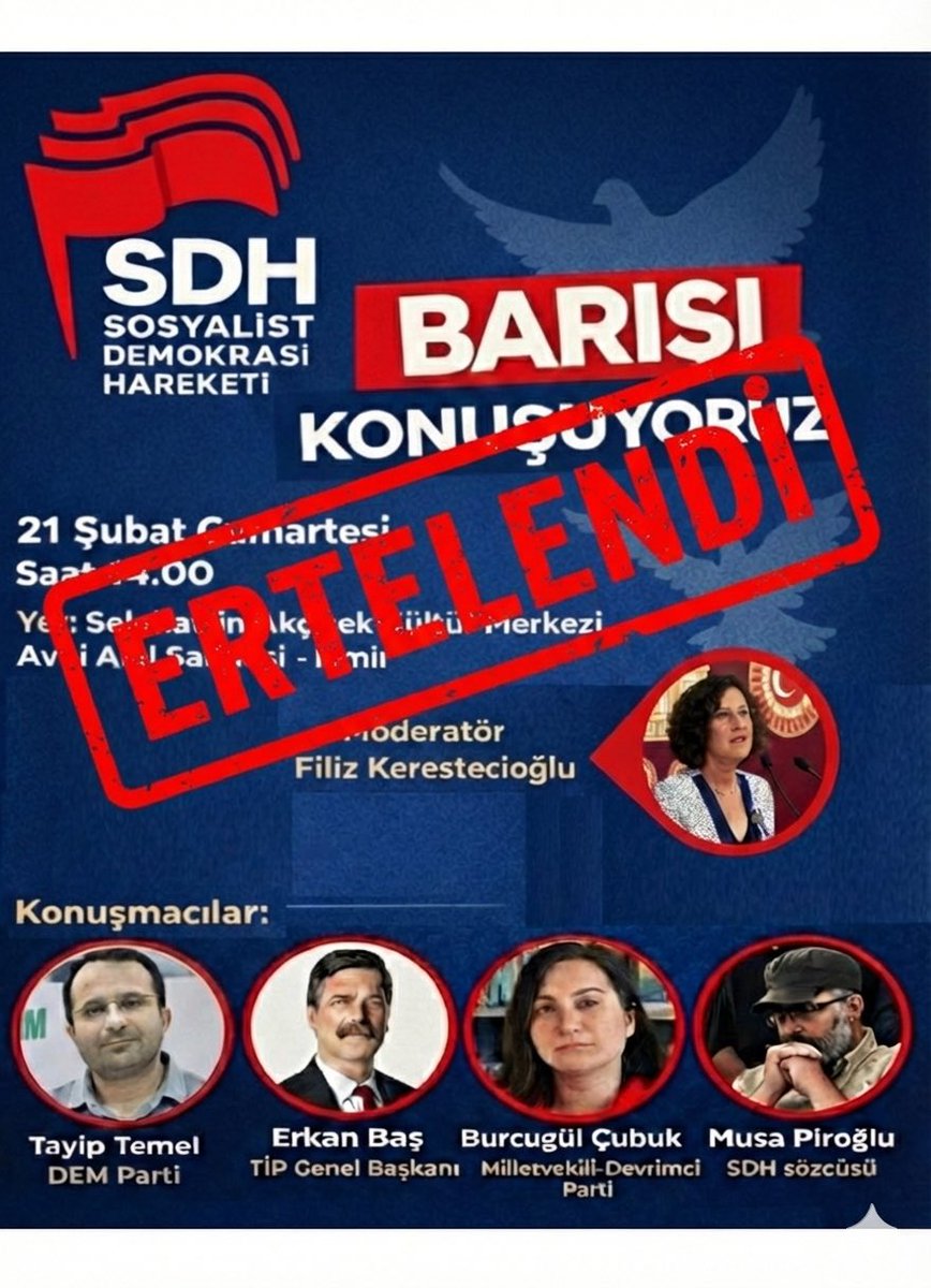 Sosyalist Demokrasi Hareketi’nin çağrısı ile yapılacak olan “Barışı Konuşuyoruz” paneli mevcut yoğun gündem ve program akışı kapsamında SDH tarafından ertelenmiştir.