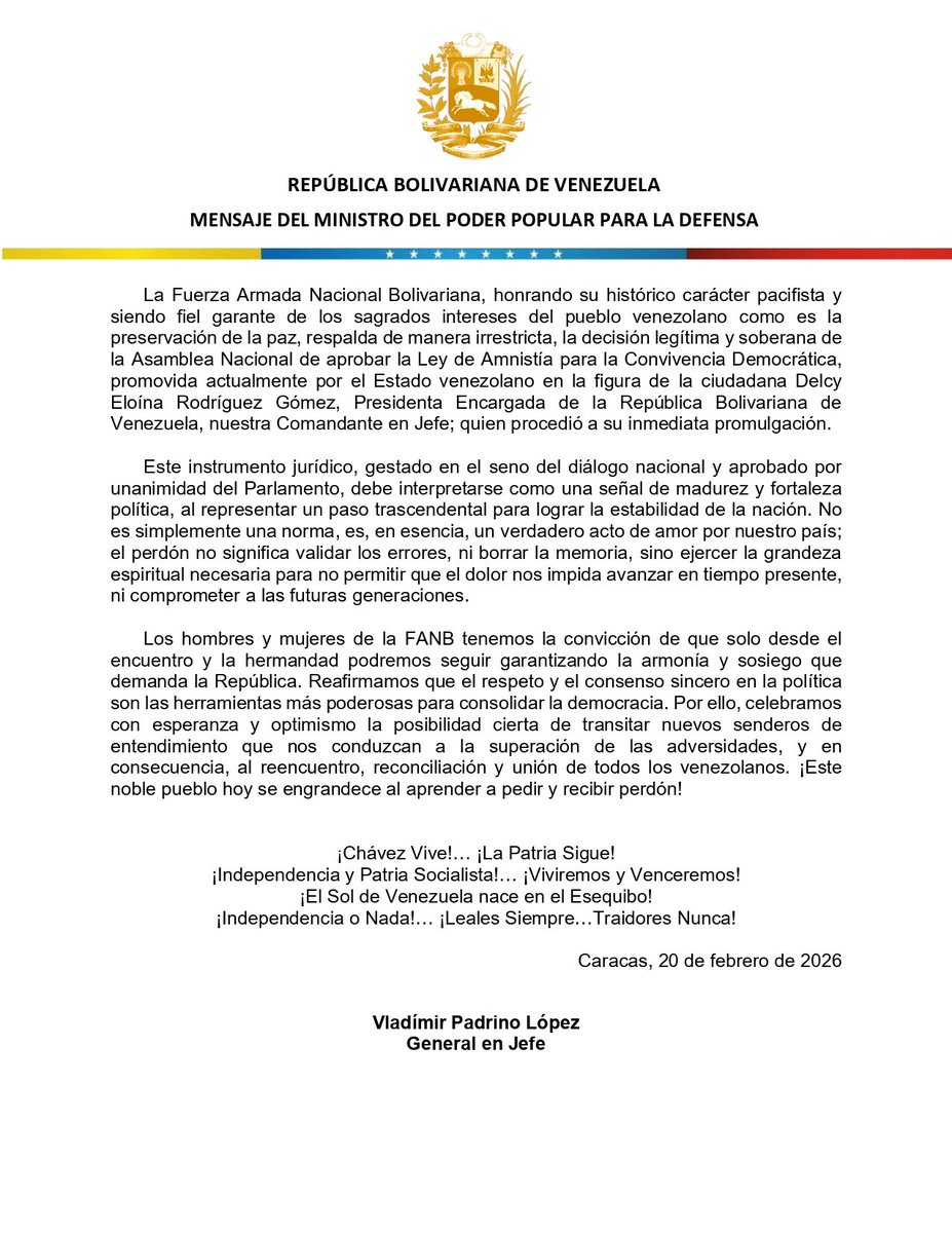 PrensaFANB's tweet photo. 📰 #Importante || Comunicado Oficial de la FANB en respaldo a la AN por la Aprobación de la Ley de Amnistía. https://t.co/HNEYbv8Ioh