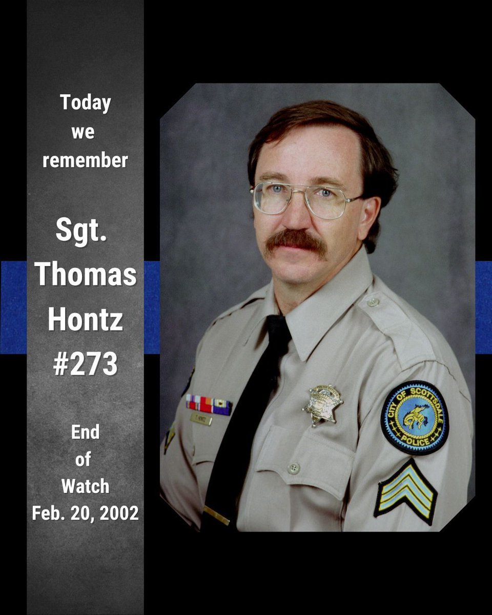 ScottsdalePD's tweet photo. Today, we take time to remember Sergeant Tom Hontz, who was tragically killed during a SWAT training exercise on February 20, 2002.

Tom was a dedicated husband and father, as well as an internationally recognized trainer, mentor, and leader. His impact and contributions to the department are present to this day. Our training facility is named in his honor, and two of his sons are serving as police officers at Scottsdale PD. Tom will also be honored and remembered during Police Week in May.

#ScottsdalePD #honor #legacy #fallenofficer #fallenbutnotforgotten
