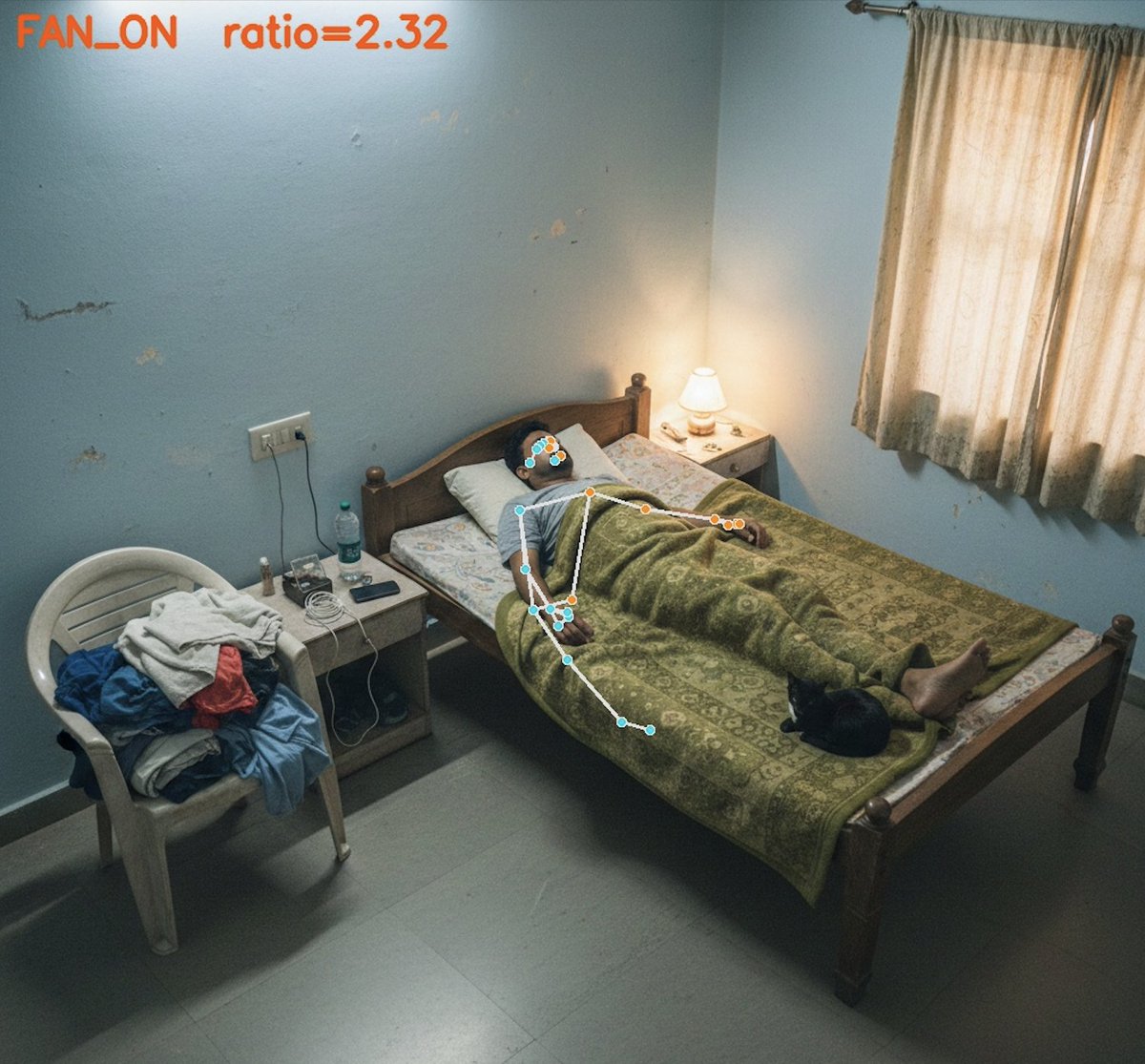 the2ndfloorguy's tweet photo. i was tired of waking up at 3 am either sweaty or freezing. so i taught my ai roommate to automatically control the fan by watching me sleep 📸

arms or leg sticking out means i'm hot so fan turns on, arms curled up means i'm cold so fan turns off. it uses a remote button pusher to physically press the fan switch.

runs mediapipe pose vision model on my raspi home server, detects my sleep position in real time, sends a signal, button gets pressed. that's it.

this is what a real smart home looks like, i guess.

^fyi, demo uses a stock photo, not putting my real pic lol. nd current version struggles a bit with blanket sometimes, fixing it.
