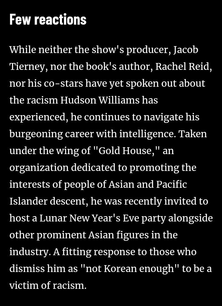 Robbie and Gold House spoke out in support of Hudson 2 mins after knowing him while the man who cast him on his show knowing he is a POC , dismissed the racism against him as twitter wars. Jacob Tierney I'll be 50 and still on your ass for your silence. Your silence is complicity