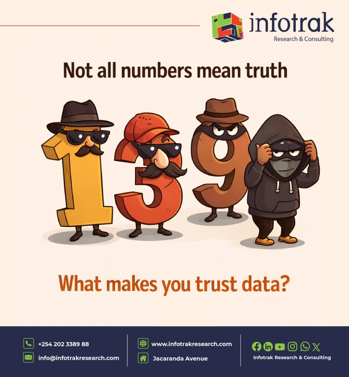 InfotrakN's tweet photo. Numbers talk, but do they tell the whole story? 👀
Charts and percentages can look convincing, but without context, they can easily mislead. 📊🤔

So let’s have a conversation
What do you look for before believing the numbers?
Accuracy? The source? Real-life experience?

Drop your thoughts below, and let’s unpack the truth behind the figures. 💬

🌐https://t.co/C119WOnaD8
📌7 Jacaranda Avenue, Nairobi
📲 +254 202338988

#TukoMbelenaInfo #InformationIsPower