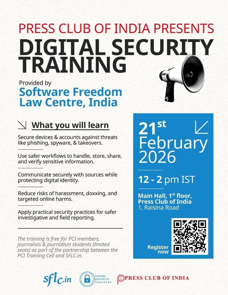 SFLCin's tweet image. Happening tomorrow at the @PCITweets

Software Freedom Law Center, India’s Digital Security Training for Journalists, in partnership with the PCI Training Cell.

Time: 12 PM – 2 PM
Venue: Main Hall, Press Club of India, 1 Raisina Road

@jatingandhi 
 
#DigitalSecurity