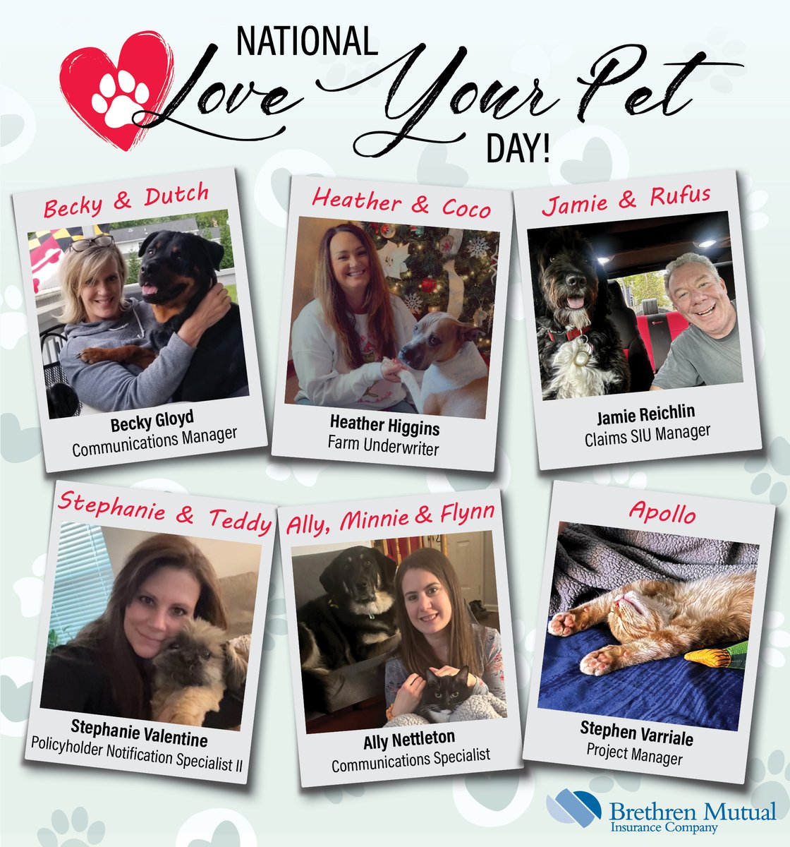 Happy National Love Your Pet Day! 🐾 Enjoy these  photos of Brethren Mutual employees with their sweet fur babies!