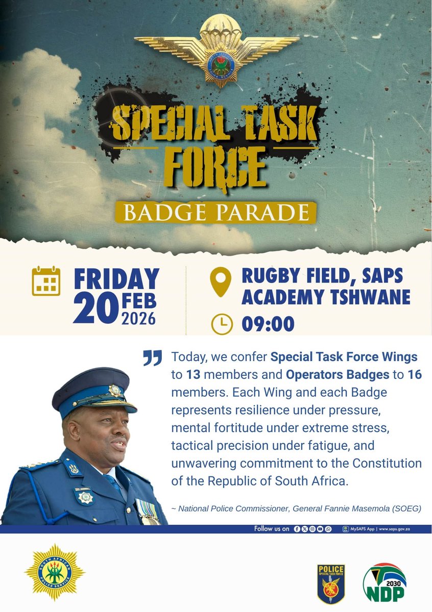 MediaZaban865's tweet photo. #STFParade || The South African Police Service hosts a #BadgeParade at #SAPS Academy, in Tshwane today to welcome 13 members who have successfully completed the basic Special Task Force (STF) Training Programme, qualifying for the prestigious STF Wings. 

The other cohort of 16 members will also stand on the parade to receive their #OperatorBadges after completing all compulsory outstanding courses and one year of operational experience.

The newly qualified operators will be awarded their Special Task Force badges, a symbol of courage, discipline, resilience and dedication to duty.

The STF is responsible for high-risk operations including counter-terrorism, hostage rescue and specialised tactical interventions. The addition of these members enhances and strengthens the existing operational capacity of the unit, ensuring improved readiness and response to serious and violent crime across the country. #Mkhwanazi