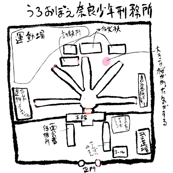うろ覚え奈良少年刑務所
訓練所に行くまでに6回くらい鍵を開けてもらって通る必要があったわ(オレンジ色のところ) 