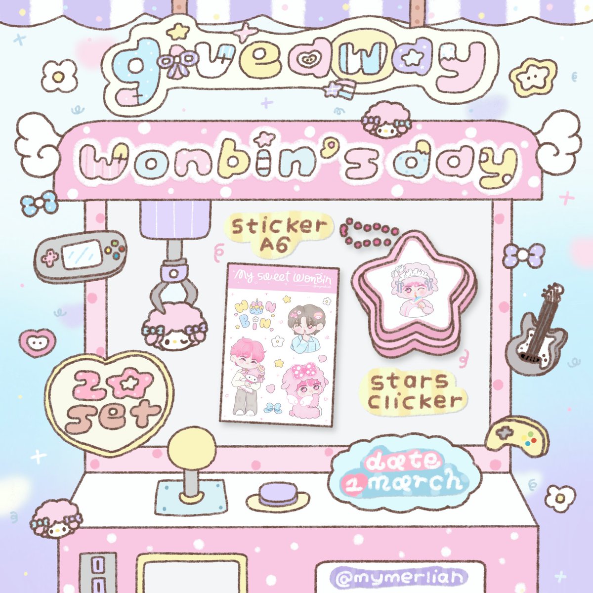 mymerliah's tweet image. ۪  𓂃 ੭ 𝒢iveaway 🎀୧ 𓂃۪   
　 ̼̮᳗⸝ܸ︧ࣺ˄ࣹ˄⸜ܸ︨𞣒 ̼̬︧ᦣ𞣒⸃ 
                Wonbin’s ℬirthday 

⭑ stars clicker
⭑ a6 sticker
20 set only for who have bubble (90+) 

🧁1 mar, holidate cafe
#Wonbin_ParkParadise 

— pls rt + show this tweet
#HAPPYWONBINDAY 
#WONBIN #원빈