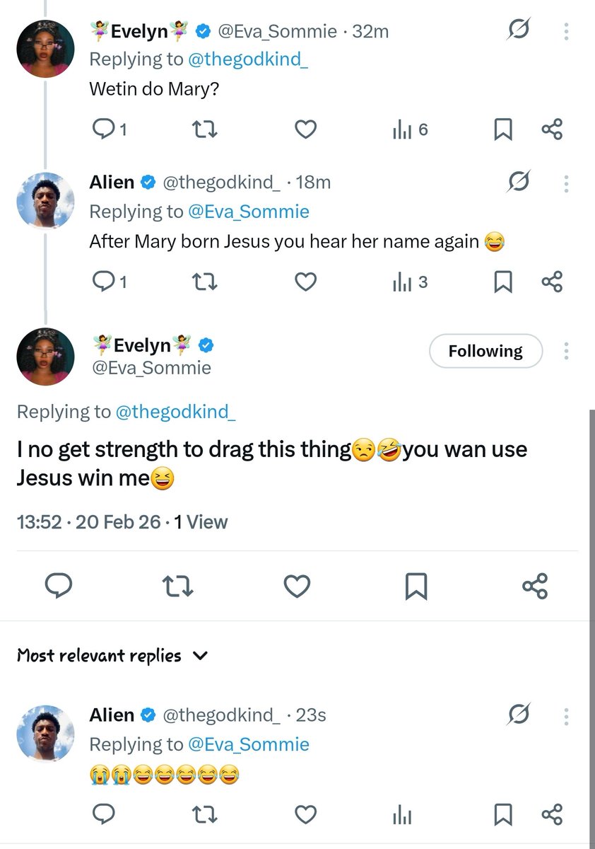 The name of Jesus Has to be the Cheat code 😂
I had a good laugh and gained a mutual 😊😌

More Peaceful banters like this>>>♡