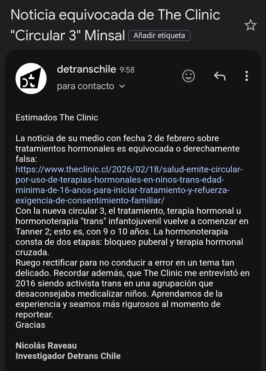 <a href="/thecliniccl/">The Clinic</a> <a href="/colmedchile/">Colegio Médico de Chile - Colmed Chile</a> <a href="/ministeriosalud/">Ministerio de Salud</a> <a href="/sanchezdiputado/">Diputado Luis F. Sanchez 👍🏻🇨🇱</a> <a href="/SchubertRubio/">Stephan Schubert Diputado 👍🇨🇱</a> <a href="/Diego_Schalper/">Diego Schalper 🇨🇱</a> <a href="/PamJiles/">#PamelaJilesDiputada</a> <a href="/Jou_Kaiser/">Johannes Kaiser. Diputado por el distrito 10</a> <a href="/CBorgono/">Cristián Borgoño</a> <a href="/RobertoAst37843/">Roberto Astaburuaga Briseño</a> <a href="/claudiorar/">Claudio Alvarado R.</a> <a href="/mjoleaa/">María José Olea</a> <a href="/conmishijosnocl/">ConMisHijosNoTeMetas</a> <a href="/MiDerechoEducar/">#MiDerechoAEducar</a> <a href="/ClintJoselito/">Clint Joselito🇨🇱🇮🇱</a> <a href="/aldunatefran/">Francisca Aldunate</a> <a href="/FridaSiKahlo/">FridaSíKahlo</a> 
theclinic.cl/2026/02/18/sal…