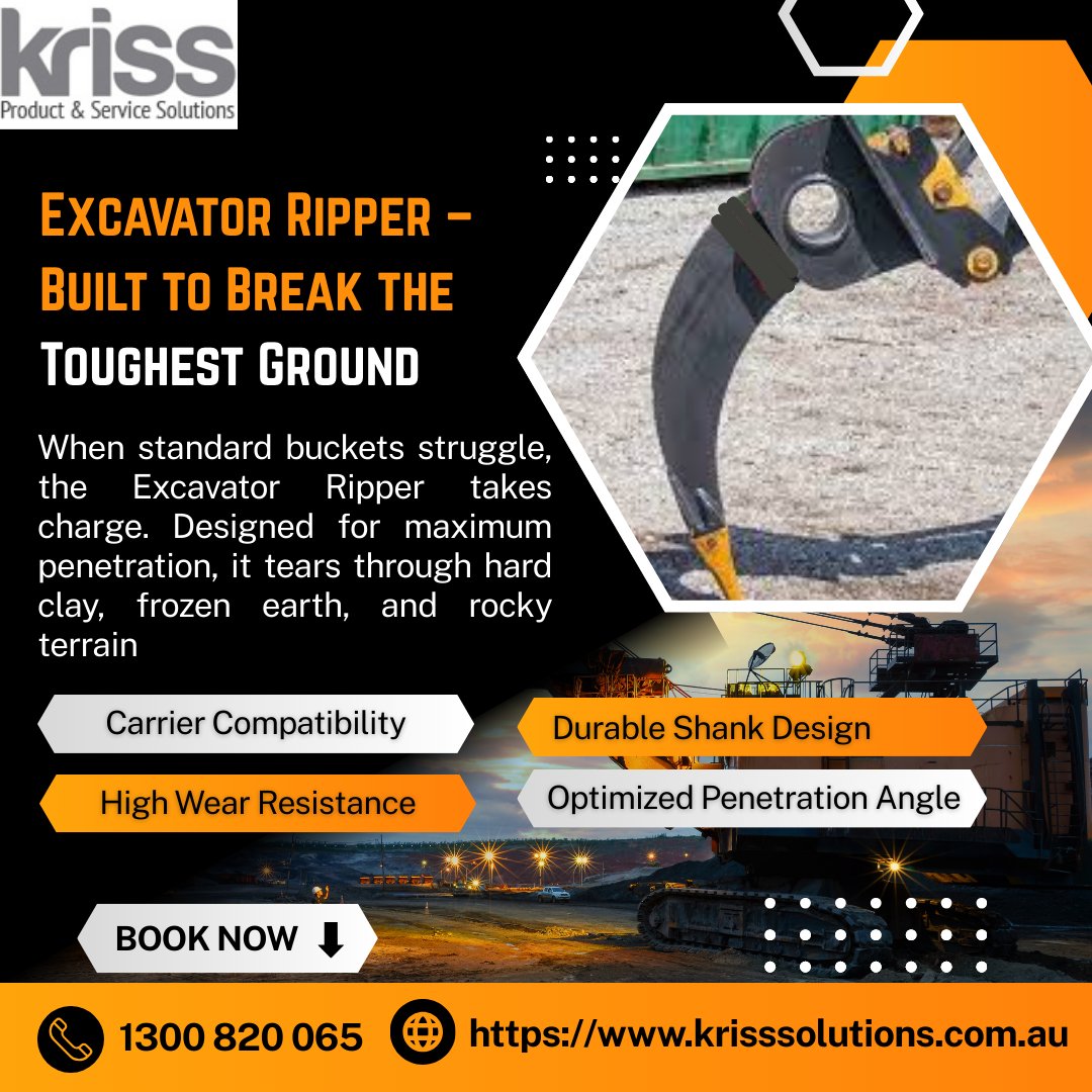 kriss_solutions's tweet photo. When standard buckets struggle, the Excavator Ripper takes charge. Designed for maximum penetration, hard clay, frozen earth, and rocky terrain with ease, making it the ultimate attachment for demanding job sites. Visit:   https://t.co/rba0xWMOFw Or Call: 1300 820 065. https://t.co/LMRyXlrpHG