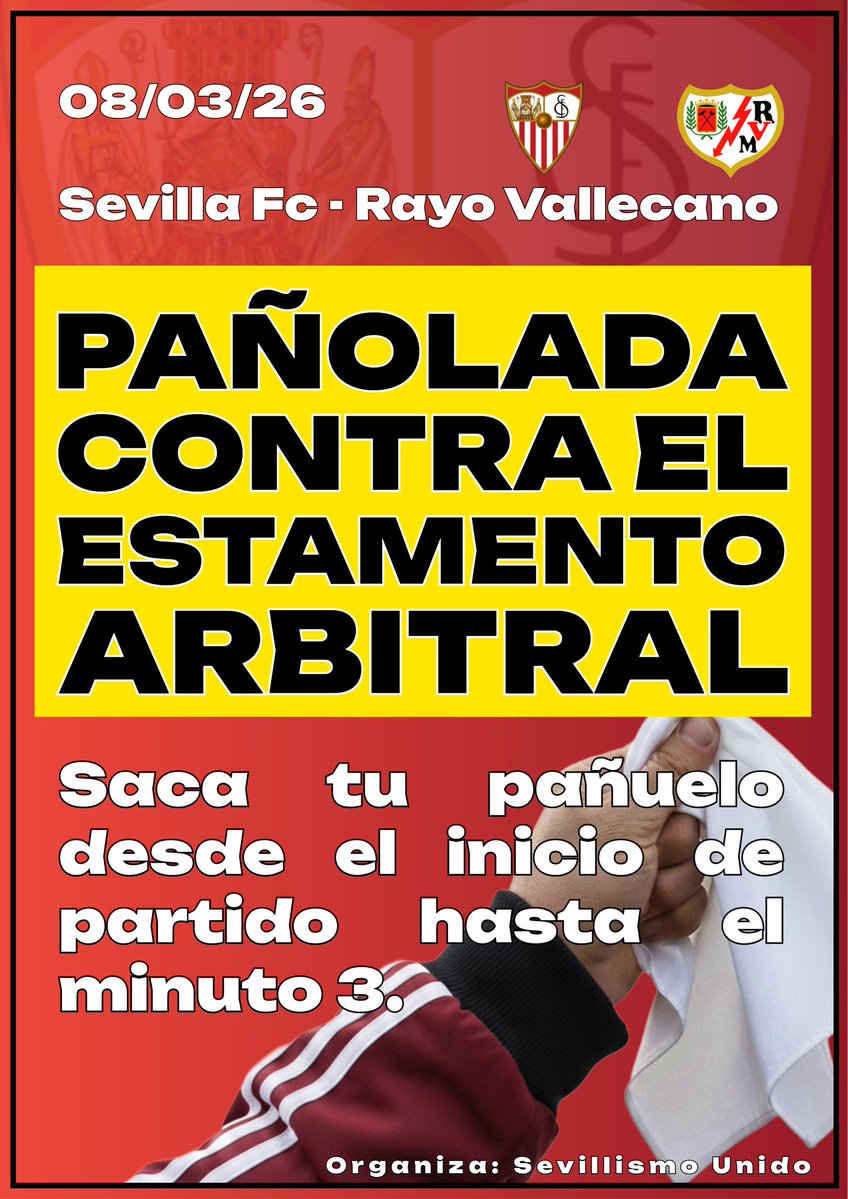 📅 08/03/26
🏟️ Ramón Sánchez-Pizjuán

🏳️ Pañolada contra el estamento arbitral durante el Sevilla FC - Rayo. 
🕒 Desde el pitido inicial hasta el minuto 3.

¡Pásalo! 🗣️⬜️

#SevillaFC #AlSevillaSeLeRespeta #JuntosSomosMásFuertes #SevillismoUnido