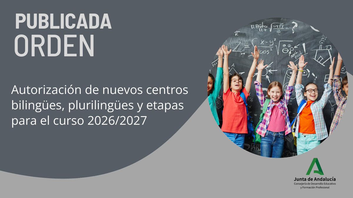 ¡Más plurilingüismo en Andalucía! Ampliamos la red de centros bilingües y reforzamos etapas apostandos por el futuro de nuestros jóvenes en un mundo global.
Consulta aquí los centros autorizados para el curso 2026/27⬇️
lajunta.es/6c15t
 #PluriAnd <a href="/EducaAnd/">Consejería Desarrollo Educativo y FP</a>