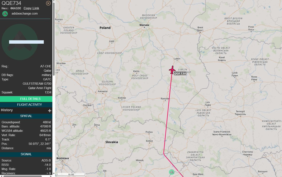 PolishMilRadar's tweet photo. 📅 20.02 🕒 14:10LT - 🇶🇦✈️ Gulfstream G700 tranzytem
🇶🇦 Qatar Amiri Flight / Rząd Kataru
✈️ Gulfstream Aerospace G700 "A7-CHE"
🛫 Doha #OTBD 🇶🇦
🛬 Nieznane
#QQE734 leci na FL470
🔗https://t.co/VHGwhrEoZh
#POLMILRADAR https://t.co/fOC10QDNmu