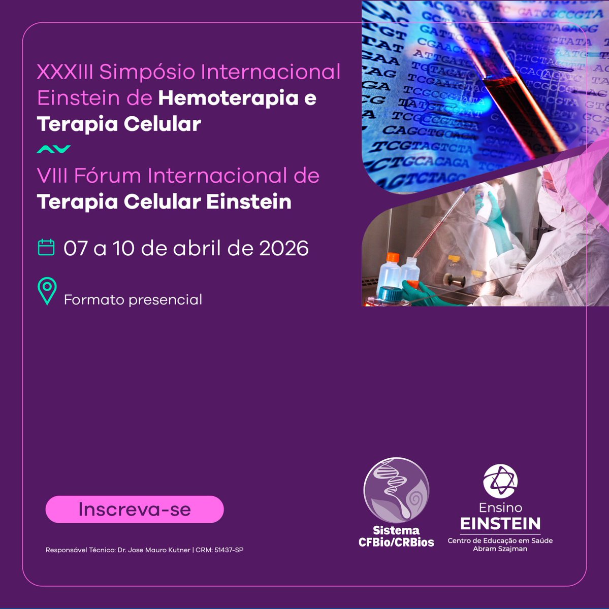 🔬 De 7-10/04 acontece o Simpósio de Hemoterapia
🧬 Profissionais do Sistema CFBio/CRBios têm 20% de desconto na inscrição com o cupom HEMOTC20OFF.
📎 Mais informações: cfbio.gov.br/2026/02/20/sim…

#SimposioInternacionalEinstein #Hemoterapia #TerapiaCelular