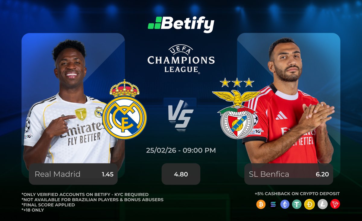 UEFA CHAMPIONS LEAGUE ⚽️

Real Madrid - SL Benfica

Predict first player scorer + final score for a chance to win a tip 🔥💸

💚 + RT ♻️ + 🔔 Follow <a href="/Betify/">Betify Official</a>
⚠️ 1 guess per account
No Betify🆔 = No participation

3 winners 🏆

⚽️ betify.bio