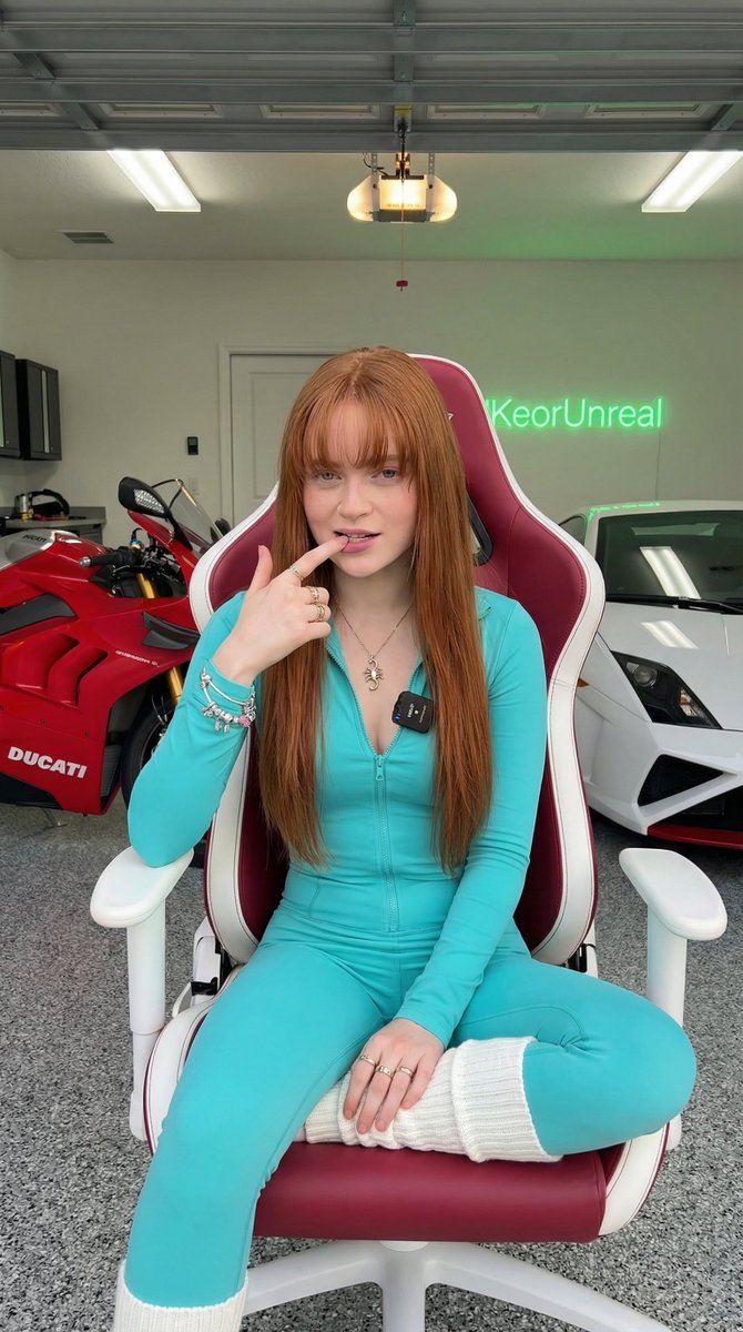 Gamer Girl in Garage with Sports Cars example 2