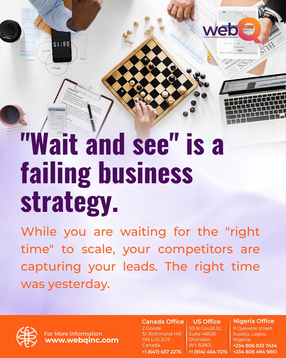 WEBQInc's tweet photo. Hesitation is the biggest enemy of progress. In today's digital economy, "waiting for the right time" usually means waiting until you’re irrelevant. 

Don't wait until you're "ready" to scale. Take decisive action now with WebQinc. 

~~
#webqinc #BusinessGrowth #Entrepreneurship https://t.co/YTIlXrbfvf