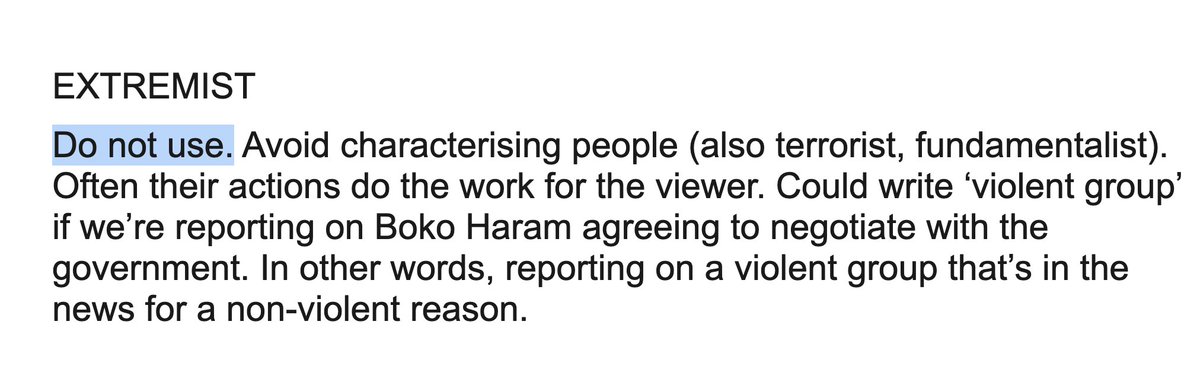 LevineJonathan's tweet photo. Al Jazeera's style guide explicitly forbids staff from referring to Al-Qaeda, ISIS, and Boko Haram as "terrorist," "Islamist," or "extremist" groups, instead requiring reporters to use "neutral terms" like "fighters" and "armed groups" https://t.co/NplIYtoAwn