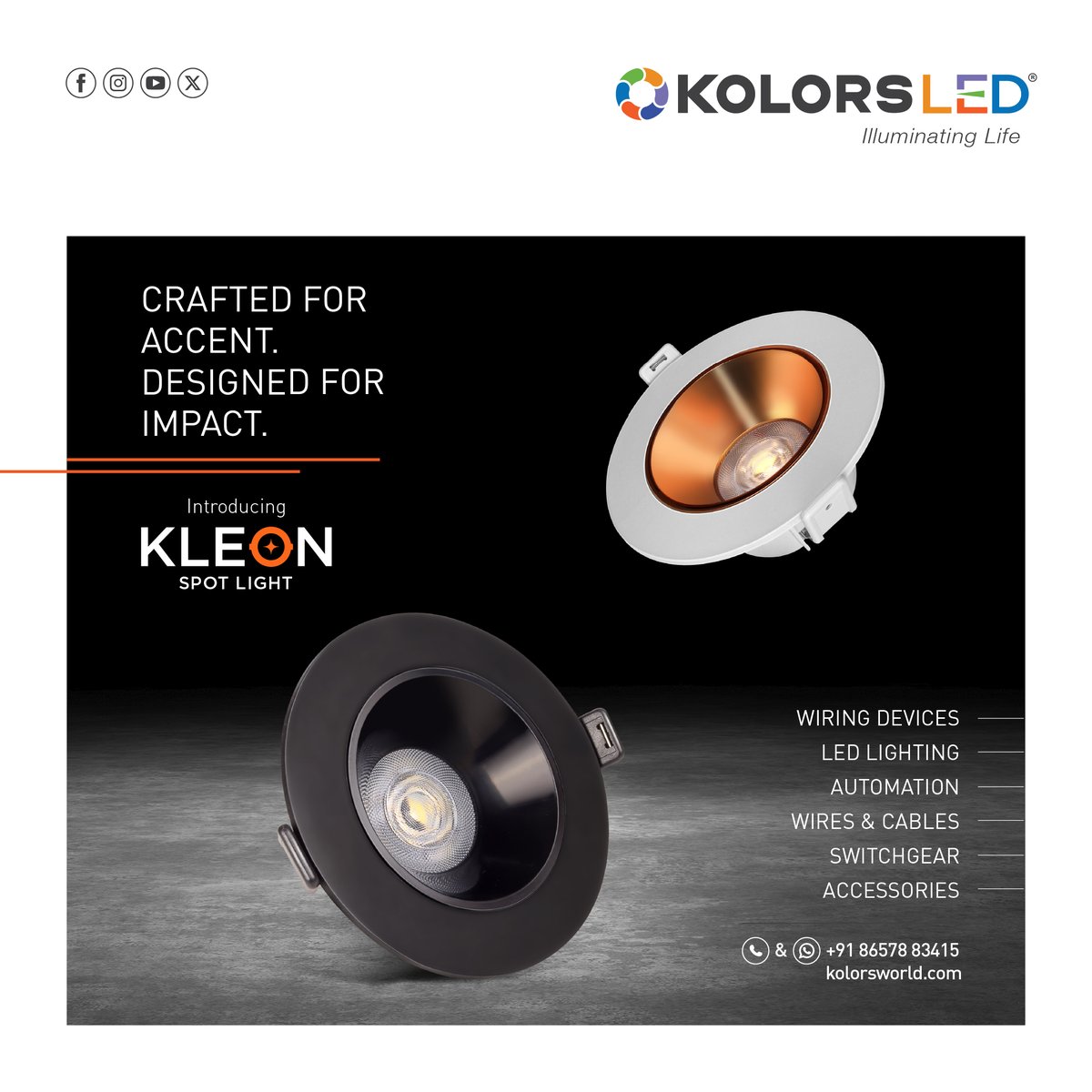 KolorsIndia_tw's tweet image. Designed for refined spaces, the KLEON Spot Light offers precise illumination with a touch of elegance. Its sleek profile and soft-focus beam make every detail stand out, just the way you want it to.

#LEDLighting #InteriorLighting #SpotLight #ModernInteriors #Kolors