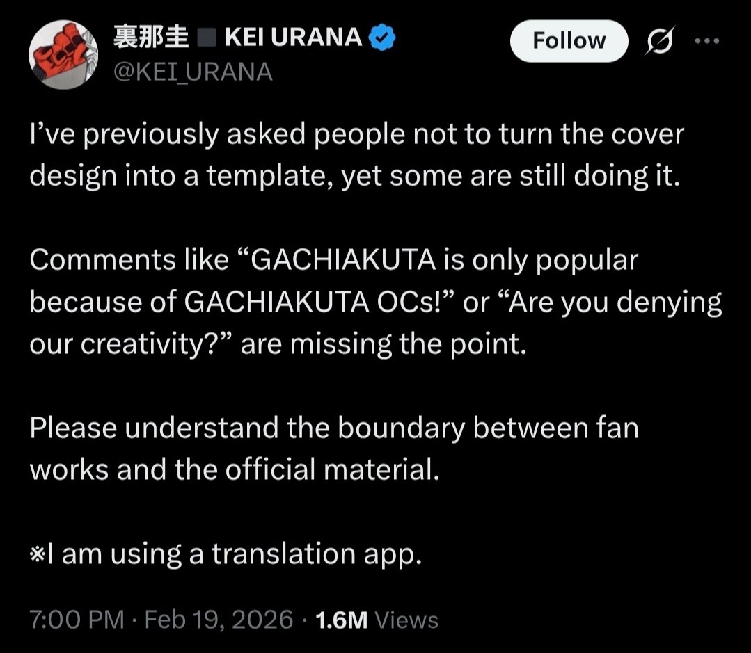 ChibiReviews's tweet photo. Breaking News:

Gachiakuta Author "Kei Urana" directly tells people to stop taking her artwork and tracing it to make their own OCs or materials. 

This post comes after the Author had to clarify that she's not "non-binary" in a Instagram post and before that her character Tamsy isn't Trans over a month ago.