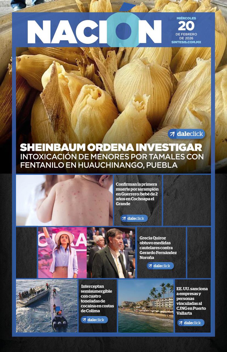 📰 Las portadas en Síntesis:

🪖 Tlaxcala conmemora aniversario del ejército

🚨 Sheinbaum pide investigar intoxicación por fentanilo

🌎 Junta de Paz de Trump reúne a 40 países

🍿 Nuevo tráiler de Toy Story 5

🚴‍♂️ México es oro en ciclismo de pista

Nuestro periódico digital: