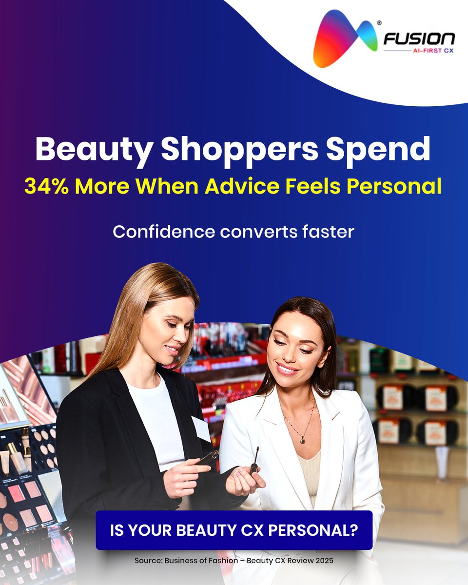 Hesitation costs in beauty. Brands blending expert guidance + instant virtual consults saw 34% higher AOV in 2025. Confidence converts.
Explore how CX drives revenue: bit.ly/40jhThI
#FusionCX #AIFirstCX #BeautyCX #BeautyIndustry #CX #PersonalizedCX #RetailCX #CXStrategy