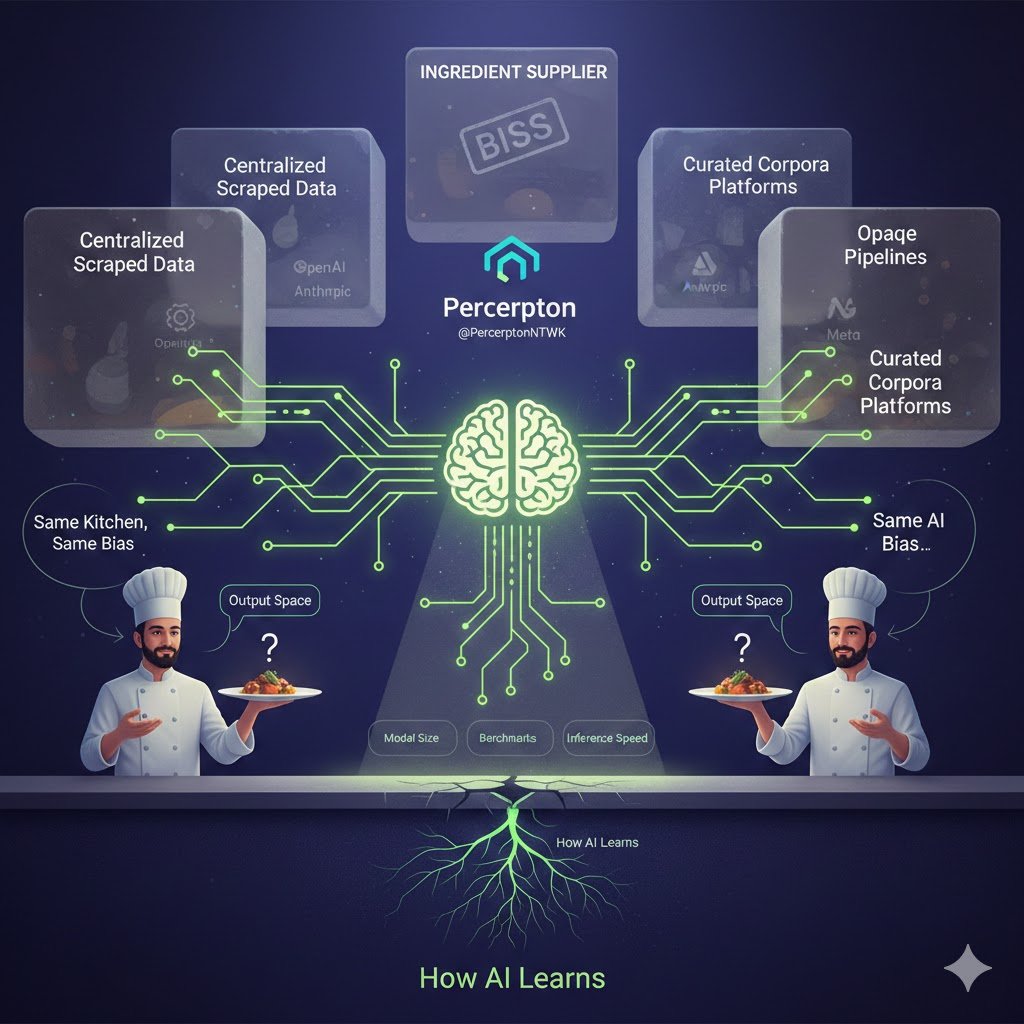 richpeaceEO's tweet photo. people keep framing this wrong

it's not perceptron vs openai
not perceptron vs anthropic
not perceptron vs meta

that's surface level thinking

@PerceptronNTWK challenging something deeper

how ai learns in the first place

most debates focus on model size
benchmarks
inference speed

almost nobody questions the training pipeline

that's the real foundation

arguing over which chef is best
while ignoring where the ingredients come from

same kitchen
same supplier
same bias

different plating

if today's ai learns from
centralized scraped data
curated corpora platform
opaque pipelines

then the output space is constrained before training even starts