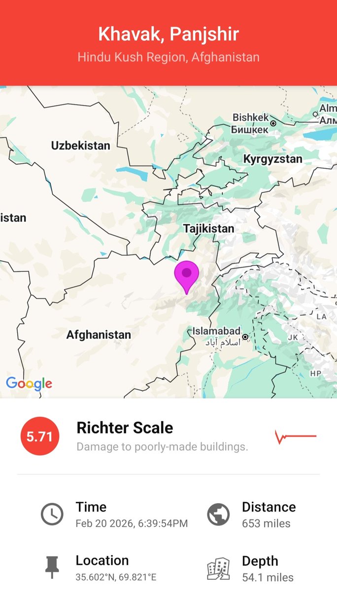 #BREAKING 
Earthquake M 5.7 Afghanistan 〽️😱💥
My prediction successful 🙏🙏
#Pakistan 
#earthquakeAfghanistan #Afghanistan
‍#Earthquake (#زلزله) M5.7 #JabalosSaraj (#Afghanistan) 
#earthquake