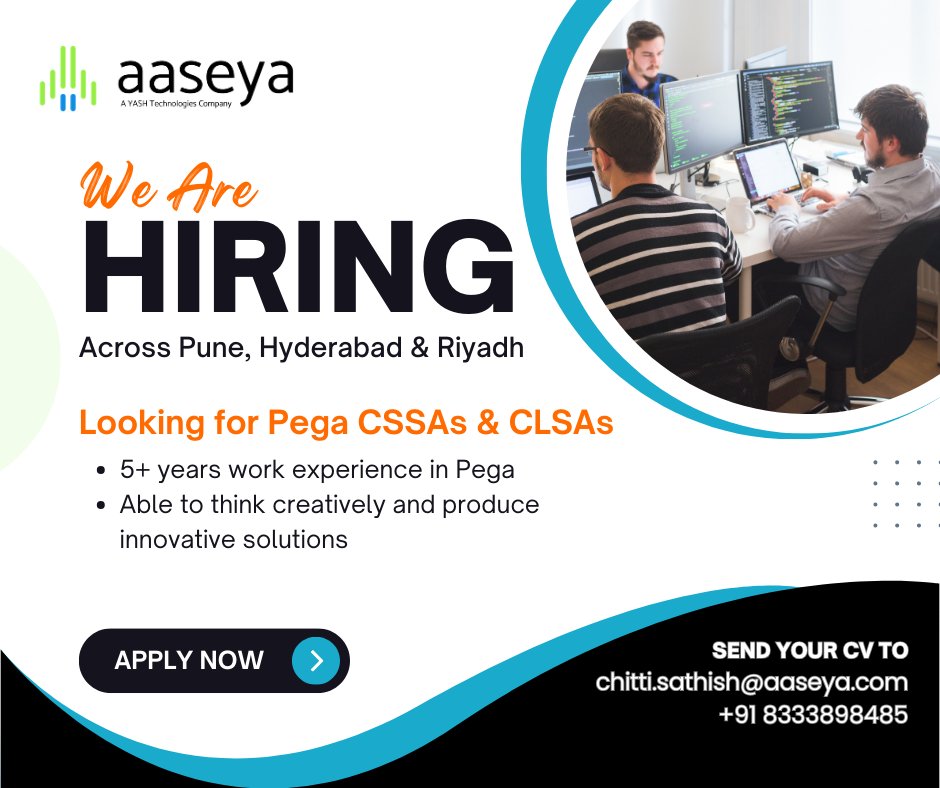 Expanding: Pega CLSA &amp; CSSA roles at Aaseya!
5+ yrs CSSA or 7+ yrs CLSA? Join Pune, Hyderabad, Riyadh teams. 
Email chitti.sathish@aaseya.com or DM Sathish Reddy.
#Pega #Hiring #CLSA #CSSA #Pune #Hyderabad #Riyadh
