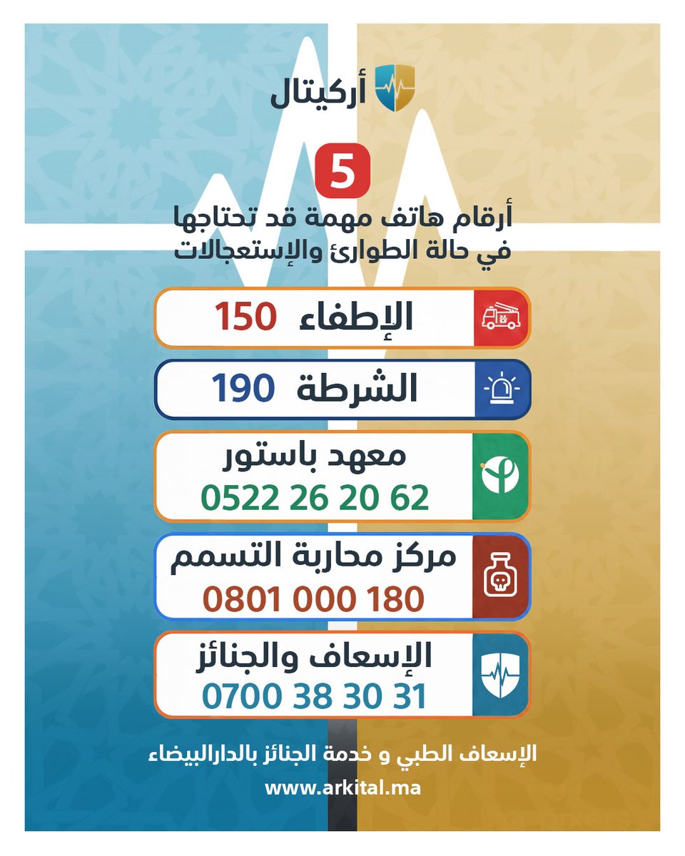 Arkitalma's tweet photo. فلحظات الطوارئ والمستعجلات، كل ثانية كتولي عندها قيمة.
باش نسهلو عليكم الوصول للمساعدة، جمعنا لكم أهم 5 أرقام ضروري تكون عندكم في الهاتف ديالكم.
سجلوا هاد الأرقام عندكم وبارطاجيو المنشور 
🚑 الإسعاف الطبي وخدمة الجنائز بمدينة الدارالبيضاء
 #الدار_البيضاء #Ambulance #أرقام_الطوارئ https://t.co/kTK3pvSOEg