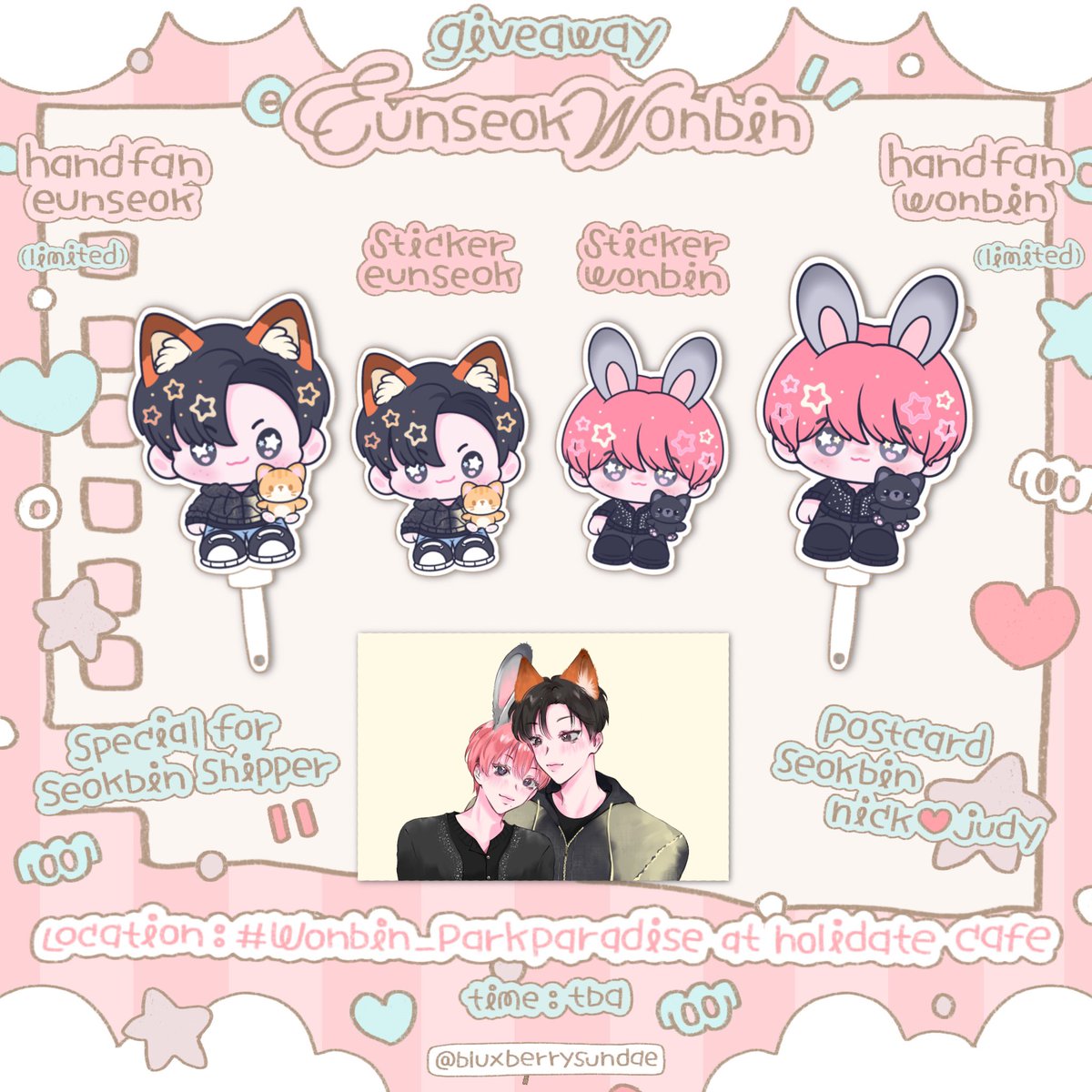 bluxberrysundae's tweet image. pls kindly rt, 

giveaway eunseok wonbin 's bd♡*:･。

♔ es/wb hand fan (choose one member &amp;amp; pls show sth about that member🎀)
♔ es/wb sticker
♔ nickjudy postcard for seokbin shipper

📍#Wonbin_ParkParadise
at holidate cafe (28 feb) — time: tba

ღ rt &amp;amp; show this twitter ღ